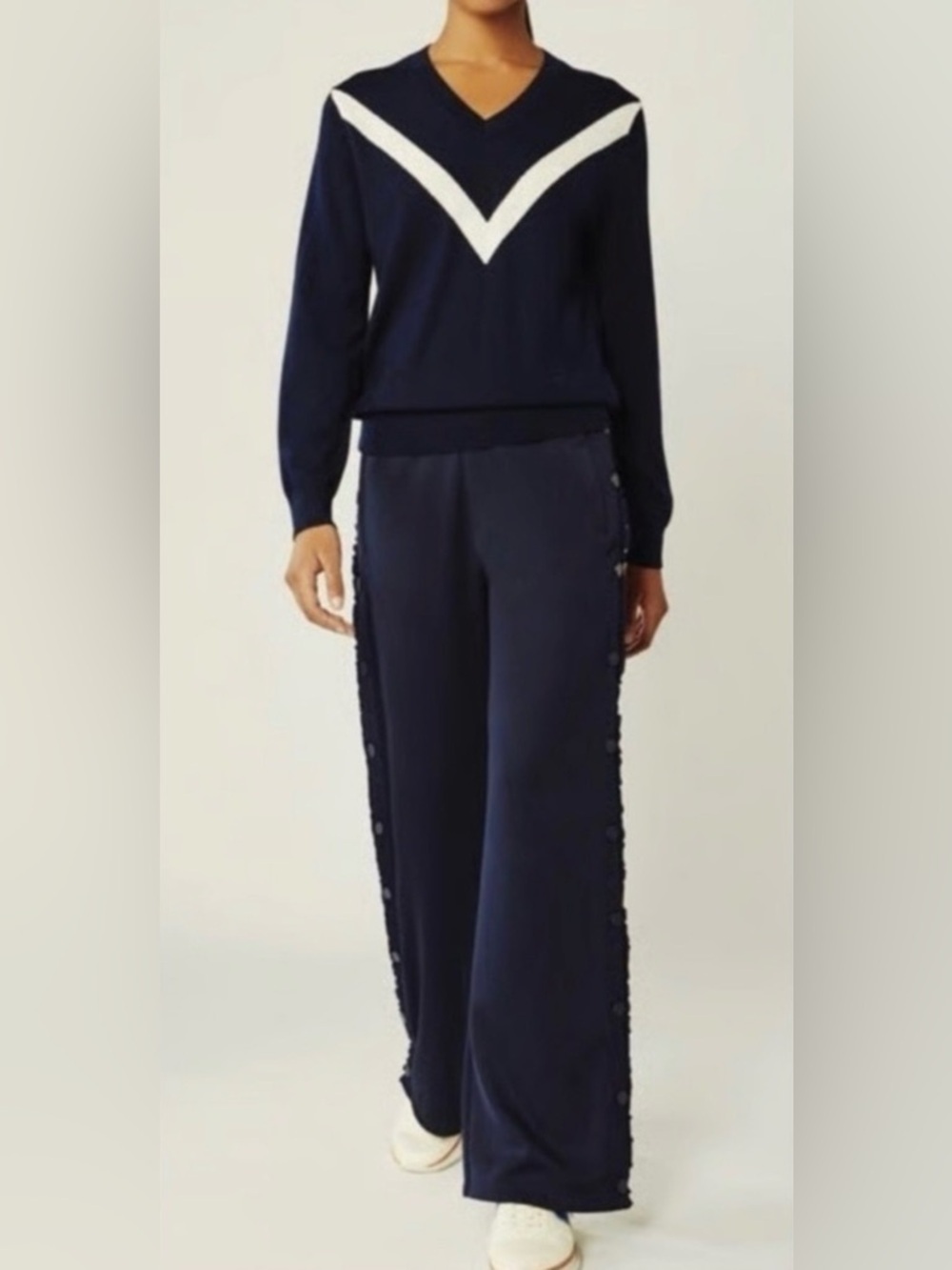 Tory Burch Women’s Navy Wide-Leg Button-Trim Pants Size Small